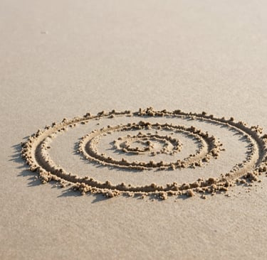A minimalist, centered photograph of a simple spiral motif drawn in sand. Soft evening light, warm cream sand, serene and meditative atmosphere. North American / European beach setting.