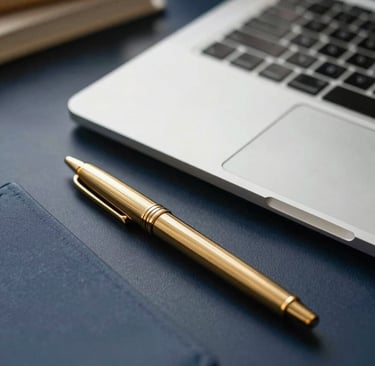 Close-up of a high-end organized desk with elegant stationery, a sleek laptop, and a warm gold pen, soft morning light, shallow depth of field, 35mm