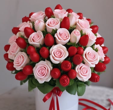 A close-up of a handcrafted chocolate-covered strawberry bouquet with vibrant red strawberries and glossy dark chocolate coating.