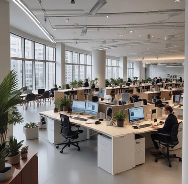 Modern office space equipped with security cameras and alarm sensors