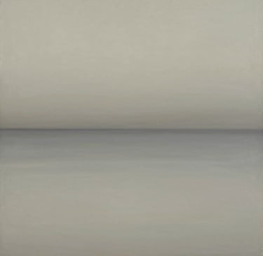 A contemplative abstract painting featuring soft horizontal bands of #6B705C and #C8C0B2, evoking a misty coastline. The style is modern and elegant, with diffused lighting and a sanctuary-like calm, inviting emotional connection.