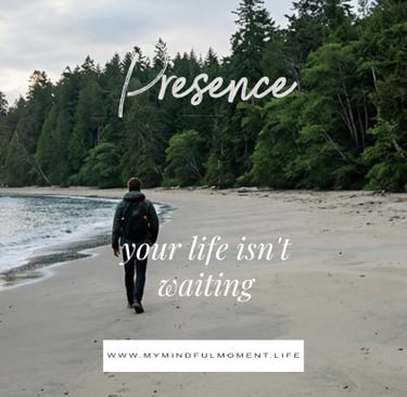 A person hiking along a sandy beach near a lush green forest with mindful text overlays.