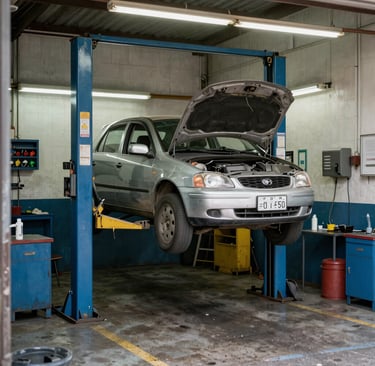 A technician carefully inspecting a car engine under bright workshop lights