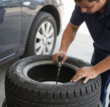 A mechanic replacing brake pads on a customer's car with focused attention