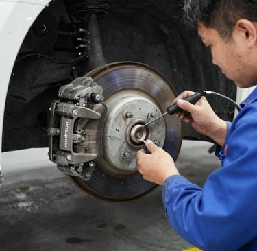 A technician replacing brake pads on a car wheel with precision.