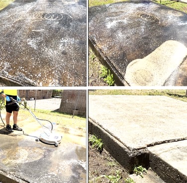 Professional pressure washing service cleaning a dirty concrete patio with a surface cleaner.
