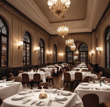 Elegant chandelier-lit luxury interior with white-tablecloth tables, evoking the premium atmosphere.