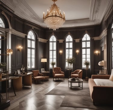 Elegant boutique hotel lounge with tall windows and warm lighting, reflecting luxury brand position.