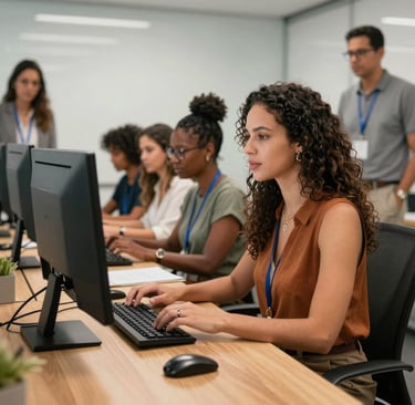 Consultants discussing data analytics on laptops in a bright workspace.
