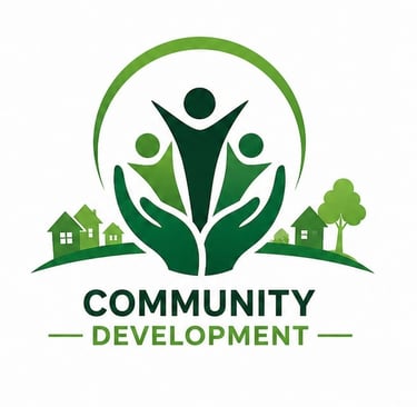 Community development logo featuring green figures and houses supported by hands.