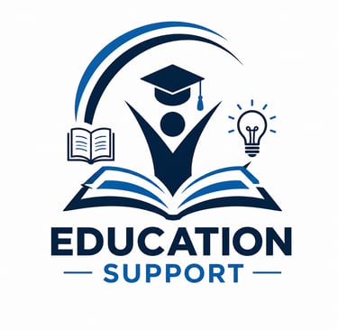 Education Support logo featuring a graduate student figure, open books, and a lightbulb idea icon in blue.