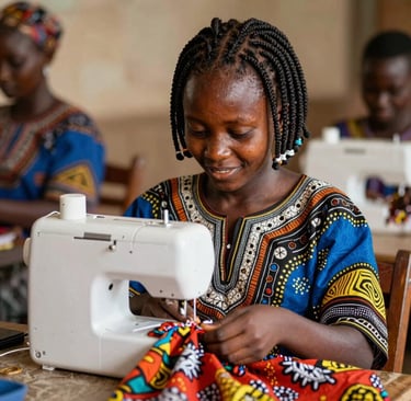 A smiling African woman with braided hair uses a white sewing machine to sew colorful patterned fabric.
