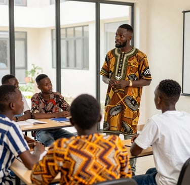 A teacher in traditional African dashiki leads a classroom discussion with students at a university.