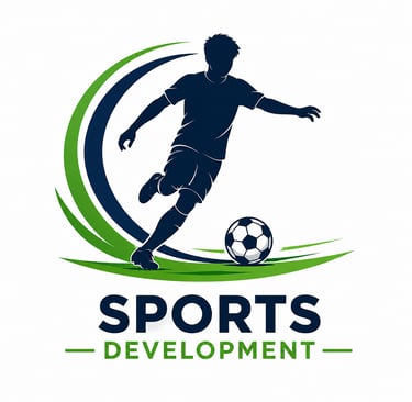 Sports development logo featuring a soccer player silhouette kicking a ball with green swoosh accents.