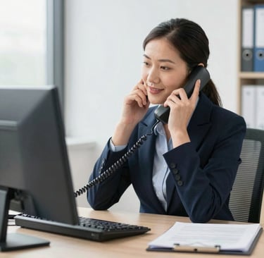 A friendly customer service representative speaking on the phone with a contractor in the background.