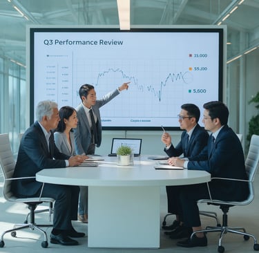 Strategic meeting evaluating corporate performance and analytics.