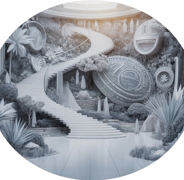 A path to innovation: winding stairs in a high-tech garden.