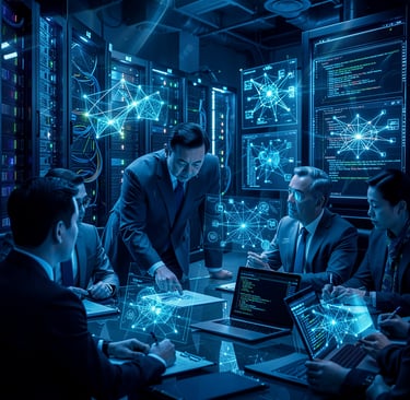 Tech team managing digital systems in a modern data center.