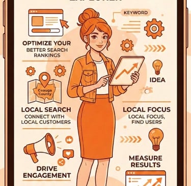 Graphic showing a woman holding a tablet surrounded by different digital marketing components