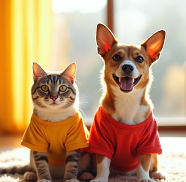 Un gato adorable y un perro Corgi que llevan camisetas coloridas, sentados sobre una alfombra en una