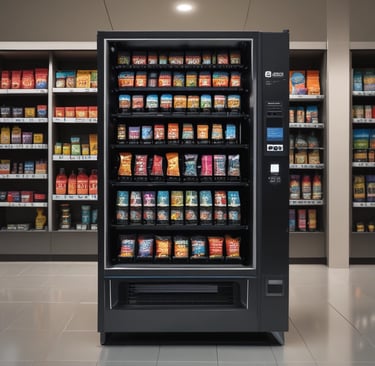 Wide shot of multiple vending machines lined up in a busy office break room with staff gathered around