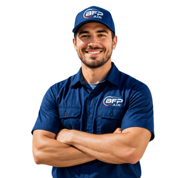 Smiling BFP Air technician in a blue uniform and cap with arms crossed for HVAC repair services.