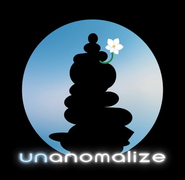 unanomalize podcast brand art of a black cairn in a sky blue circle with a white orchid & the word unanomalize
