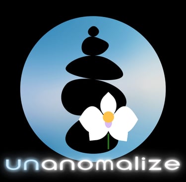 Brand art of unanomalize, full black square, big skyblue circle, name in white & skyblue neon, a black cairn, a white orchid