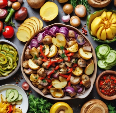 Roasted potatoes with red peppers and onions in a bowl surrounded by fresh garden vegetables.