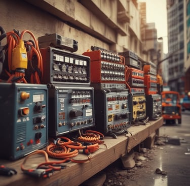 Modern electrical equipment displayed in warehouse