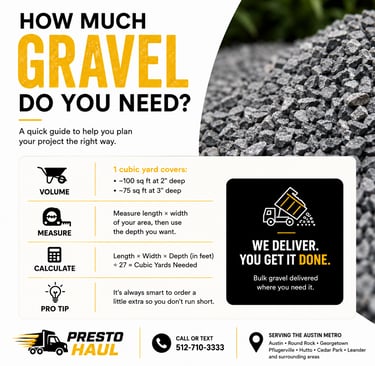 Landscape material tips featuring gravel, hardwood mulch, and decorative stone with landscaping