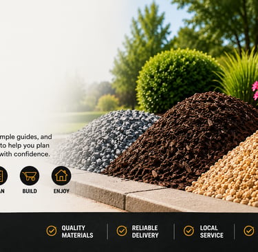 Landscape materials including gravel, hardwood mulch, and decorative stone for landscaping projects