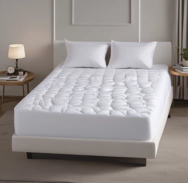 A neatly folded set of qatan mattress protectors in soft white cotton displayed on a clean wooden surface.