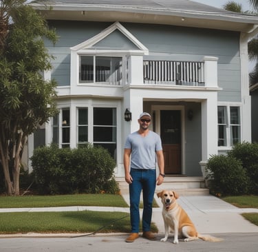 Image showing a technician power washing a patio with lush green lawn in the background.