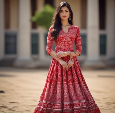 Elegant black Bandhej saree with delicate white dots and red border, draped gracefully.