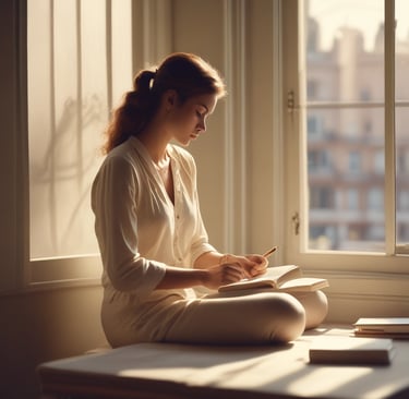Softly lit photo of a serene woman journaling by a sunlit window, surrounded by calming beige and ivory tones.