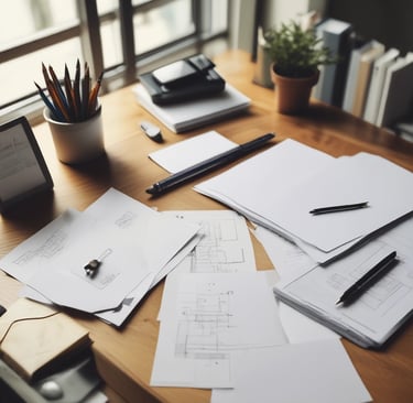 A black and white photo of a desk with two monitors