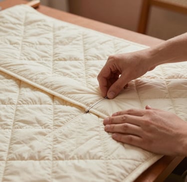 Atmospheric lifestyle photography showing the meticulous handcrafting process of cotton quilted apparel. Hands gently guiding a soft warm cream fabric through a quilting stitch pattern, vintage studio setting with warm clay tones and soft warm light. Authentic craftsmanship, tailored for Global Premium / North American and European Retailers.