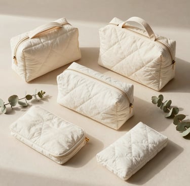 A high-end flat lay photography of premium cotton quilted toiletry bags, travel organizers, and cosmetic pouches in soft off-white and warm cream. Styled with dried eucalyptus branches on a pale sand background. Natural morning sunlight casting soft shadows. Elegant, minimalist aesthetic, designed for Global Premium / North American and European Retailers.