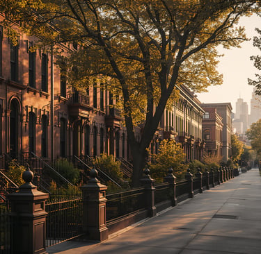 Sunlit historic brownstone row houses on a quiet city street with autumn trees and a distant skyline.