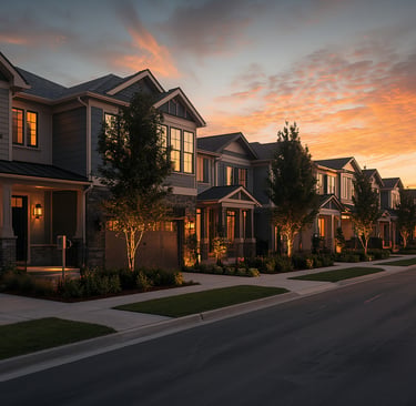 Modern suburban townhomes at sunset with warm exterior lighting and a vibrant orange sky.