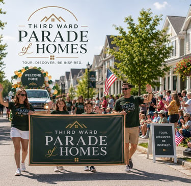 A family carries a Third Ward Parade of Homes banner through a sunny neighborhood street parade.