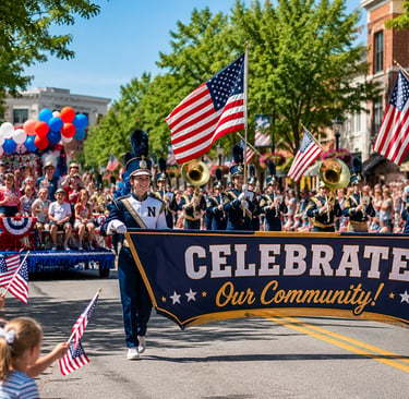 A high school marching band and festive parade float celebrate a community Fourth of July event.