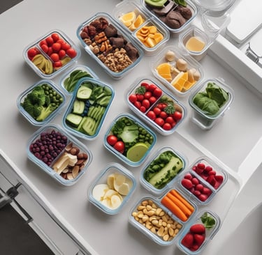 Healthy meal prep with glass containers filled with fresh fruits, vegetables, and nuts on a white counter.