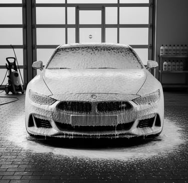 Professional car detailing featuring a luxury sedan covered in thick snow foam at an indoor car wash.