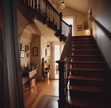 Rustic wooden staircase in a traditional home entryway with warm lighting and hardwood floors.
