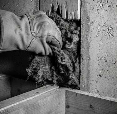 A gloved hand installing mineral wool insulation between wooden studs in a concrete wall.