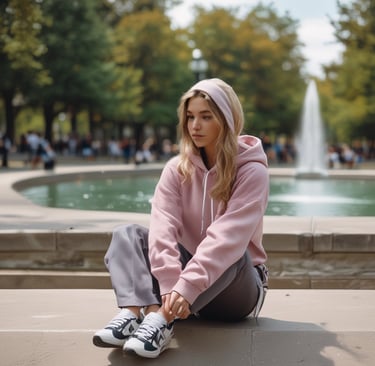 A joyful woman wearing a colorful mexicana hasta los huesos hoodie, standing in a sunlit garden with blooming flowers.