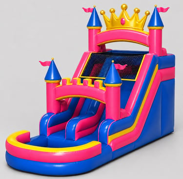 A colorful pink and blue inflatable princess castle water slide with a gold crown for backyard parties.