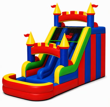 Colorful inflatable castle slide with a splash pool for backyard party rentals and kids entertainment.